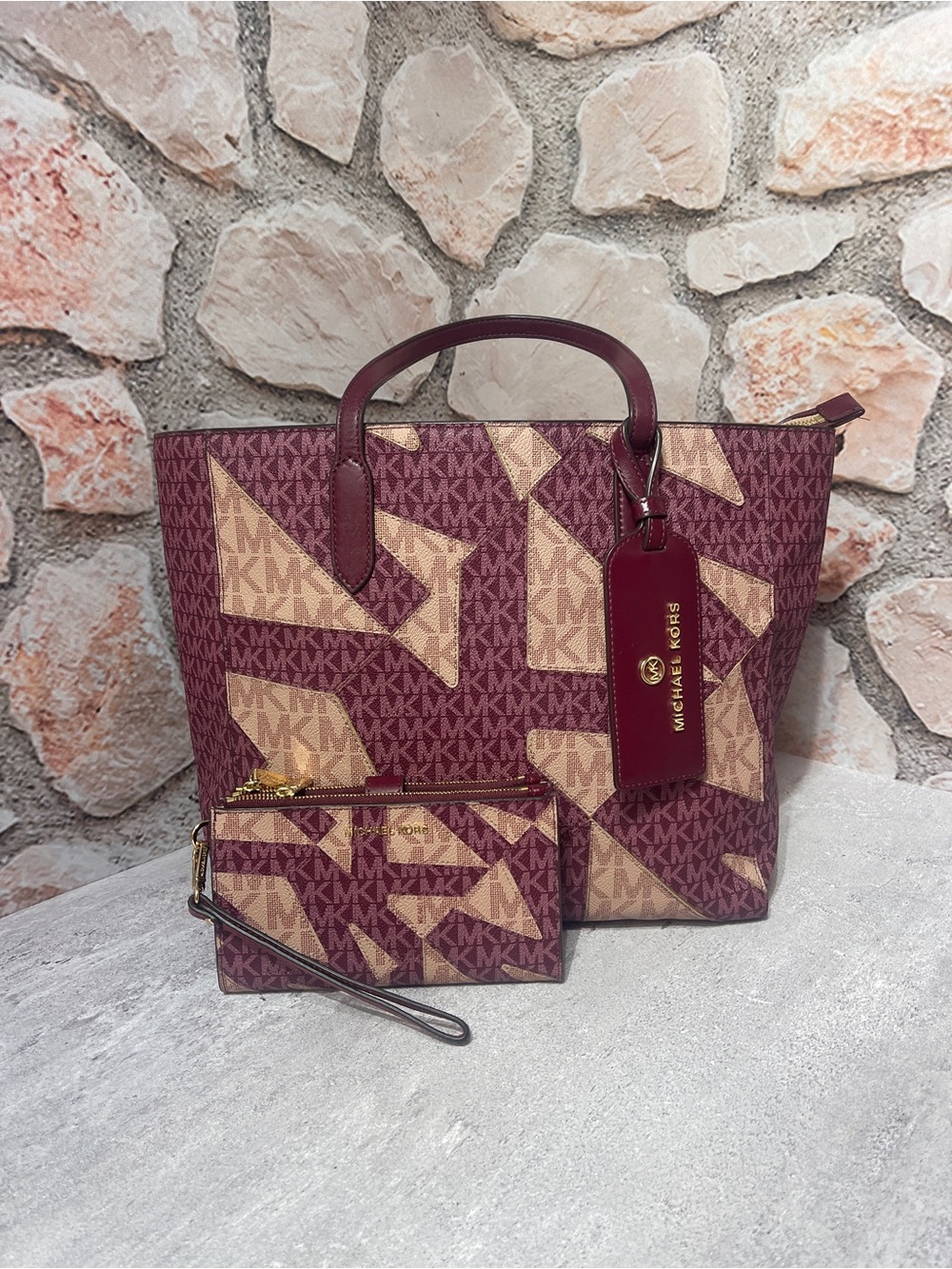 Michael Kors Sinclair Large Grab Tote & Matching Wallet Maroon Dark Berry Multi